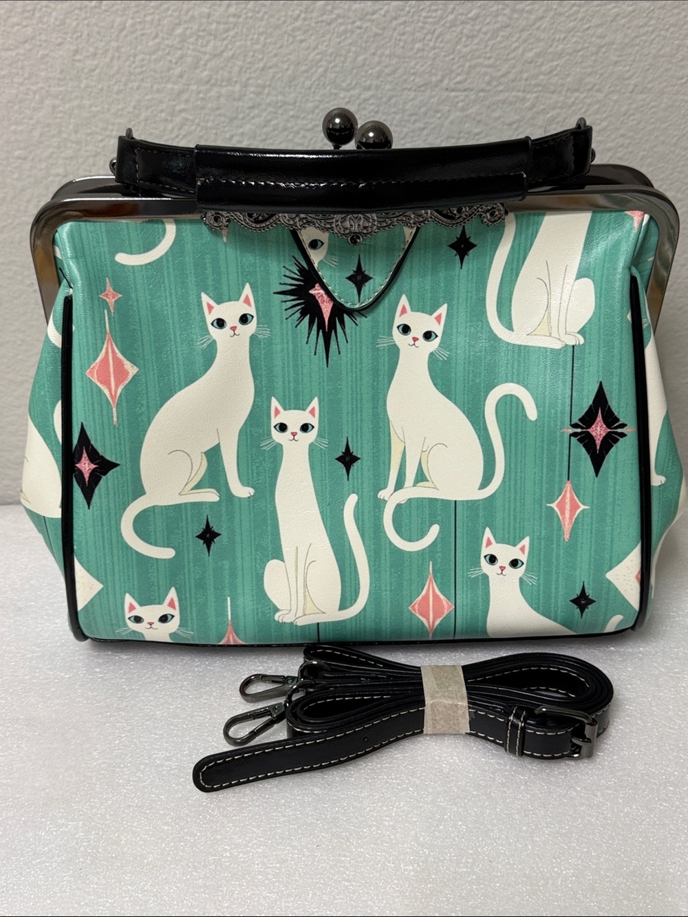 🐈White Cat Print Teal Crossbody Bag - Vintage Frame🌟 - Picture 6 of 8
